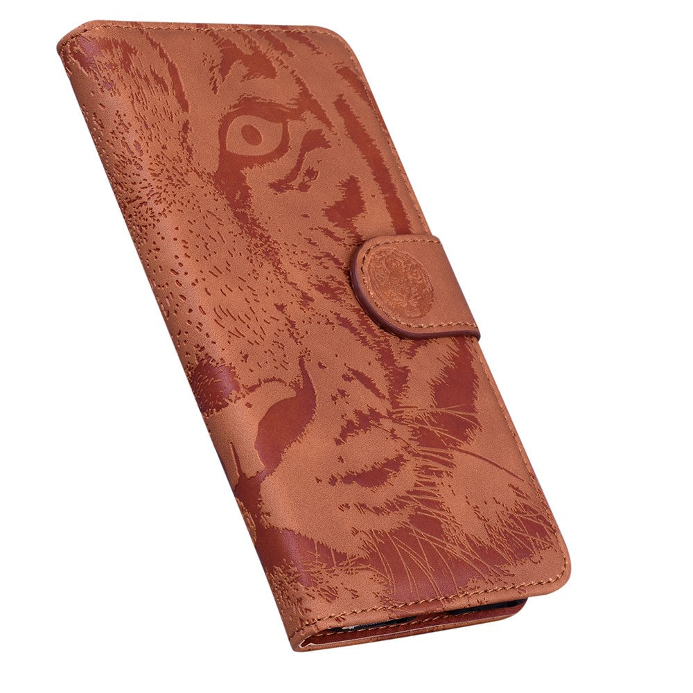 For Samsung Galaxy F04 4G / M04 4G / A04e 4G Stand Wallet Phone Cover Tiger Pattern Imprinted Leather Case - Brown