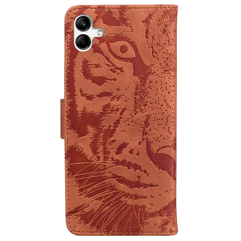 For Samsung Galaxy F04 4G / M04 4G / A04e 4G Stand Wallet Phone Cover Tiger Pattern Imprinted Leather Case - Brown