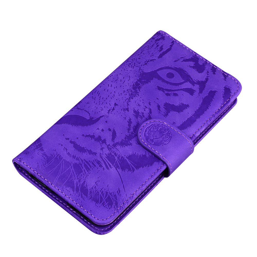 For Samsung Galaxy F04 4G / M04 4G / A04e 4G Stand Wallet Phone Cover Tiger Pattern Imprinted Leather Case - Purple