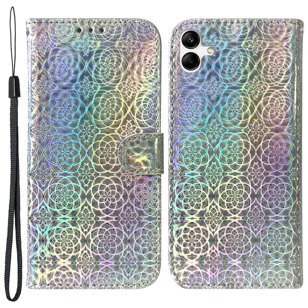 For Samsung Galaxy F04 4G / M04 4G / A04e 4G Wallet Phone Case Stand Magnetic Leather Dazzling Flower Pattern Phone Cover - Grey