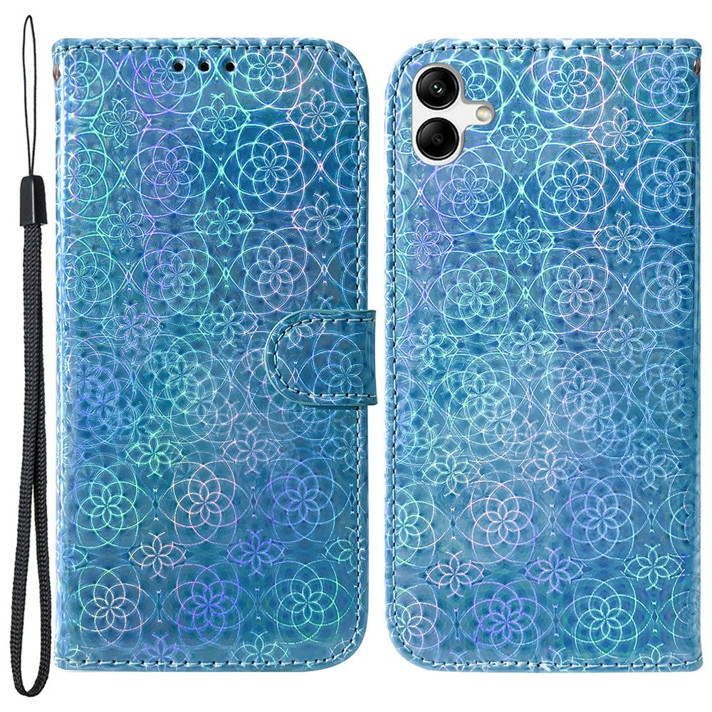 For Samsung Galaxy F04 4G / M04 4G / A04e 4G Wallet Phone Case Stand Magnetic Leather Dazzling Flower Pattern Phone Cover - Blue