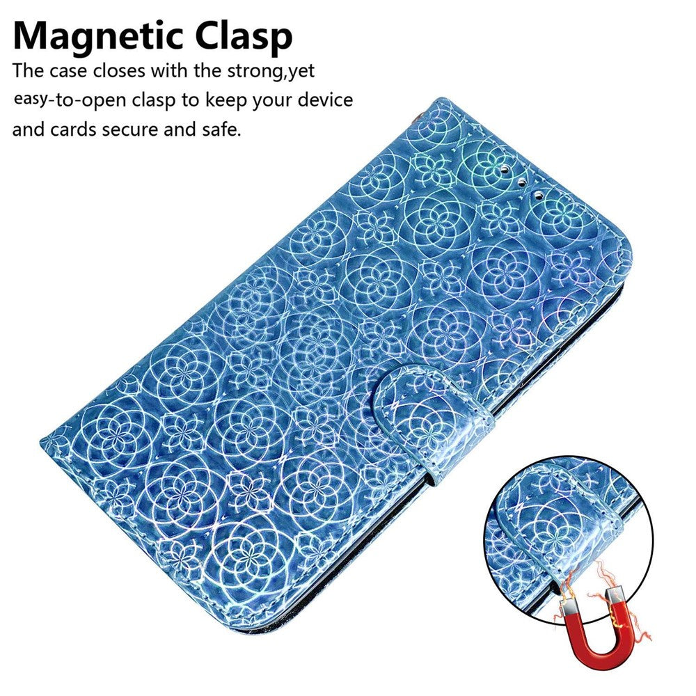For Samsung Galaxy F04 4G / M04 4G / A04e 4G Wallet Phone Case Stand Magnetic Leather Dazzling Flower Pattern Phone Cover - Blue