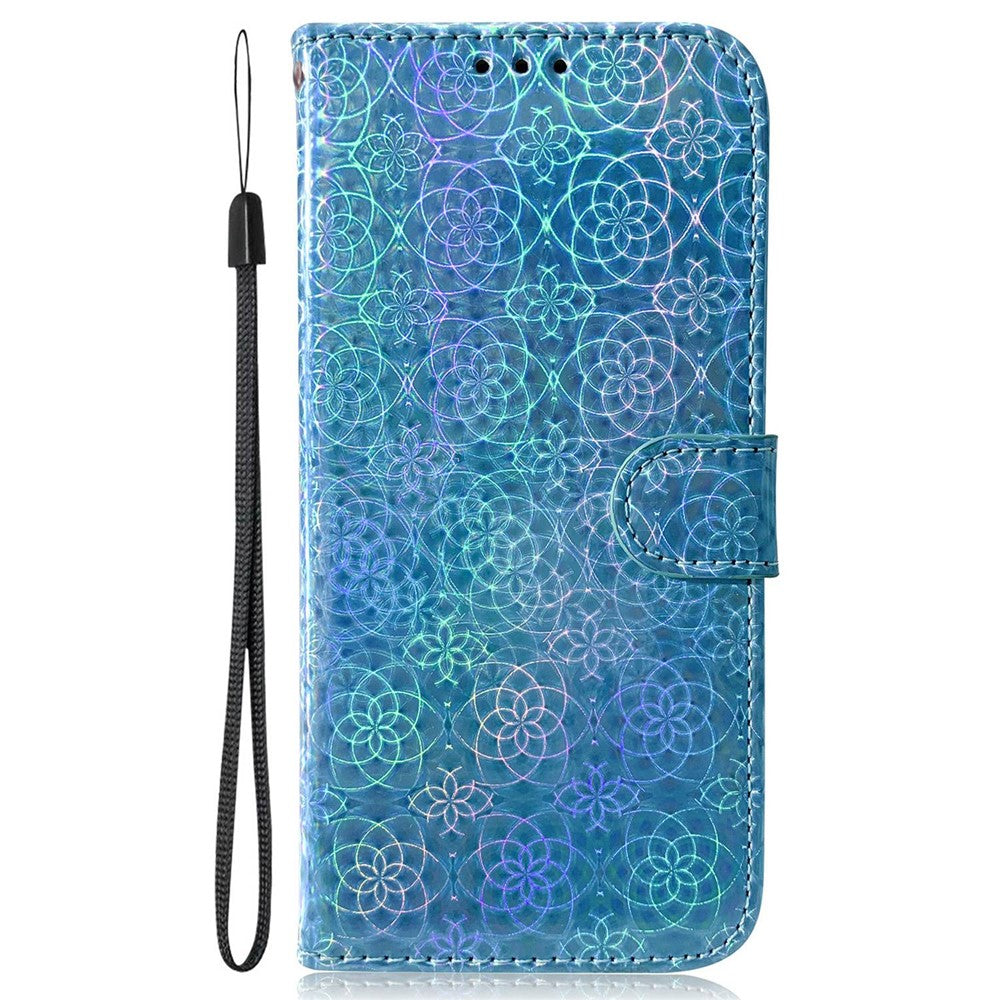 For Samsung Galaxy F04 4G / M04 4G / A04e 4G Wallet Phone Case Stand Magnetic Leather Dazzling Flower Pattern Phone Cover - Blue