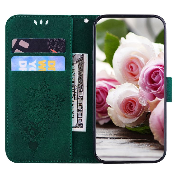 For Honor X8 5G PU Leather Wallet Case Imprinted Rose Butterfly Stand Phone Cover - Green