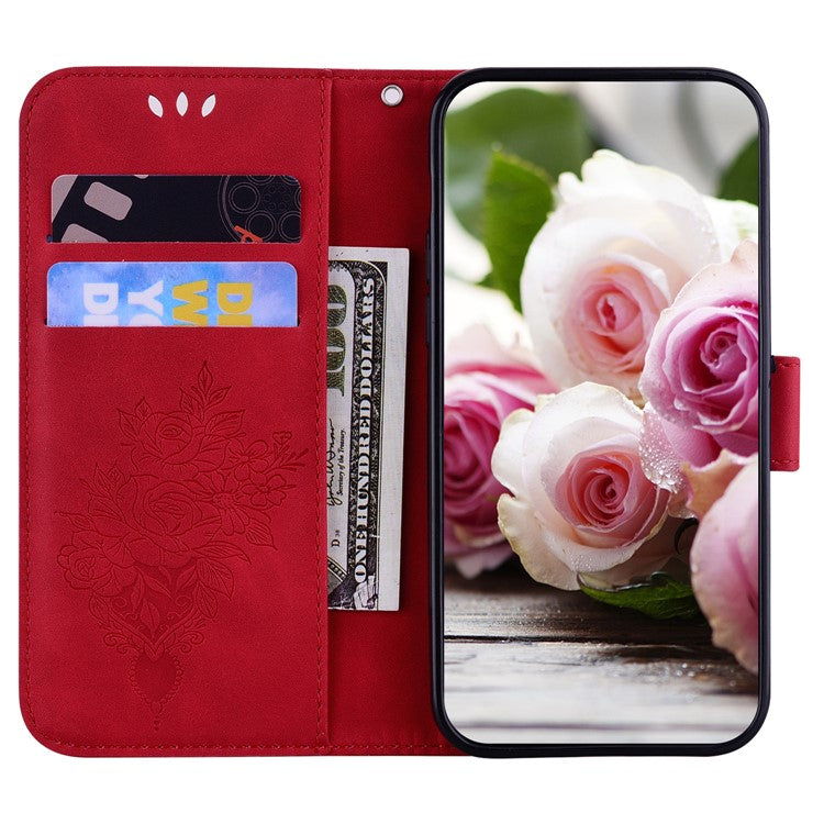 For Honor X8 5G PU Leather Wallet Case Imprinted Rose Butterfly Stand Phone Cover - Red
