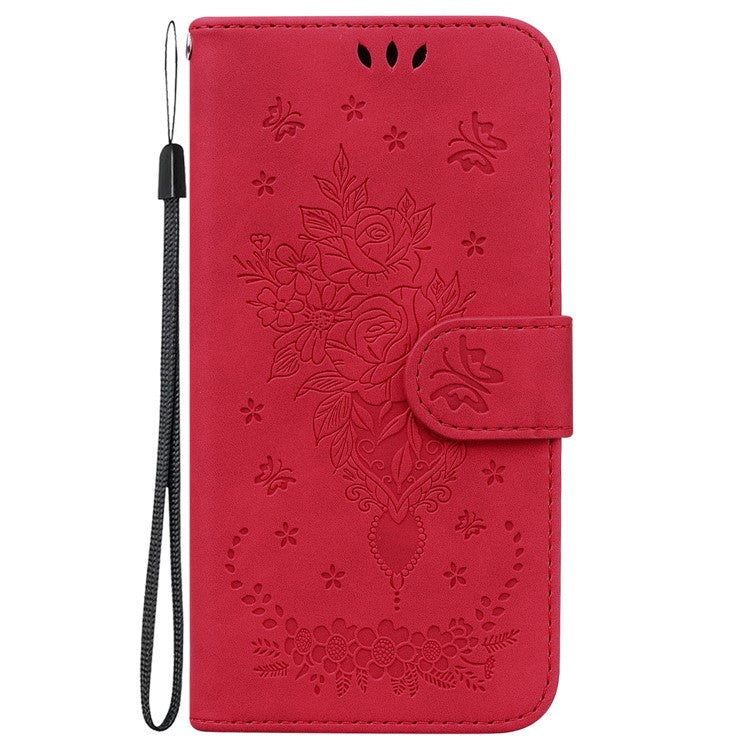 For Honor X8 5G PU Leather Wallet Case Imprinted Rose Butterfly Stand Phone Cover - Red