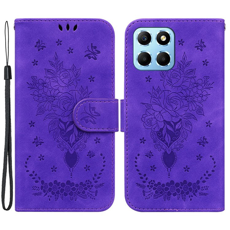 For Honor X8 5G PU Leather Wallet Case Imprinted Rose Butterfly Stand Phone Cover - Purple