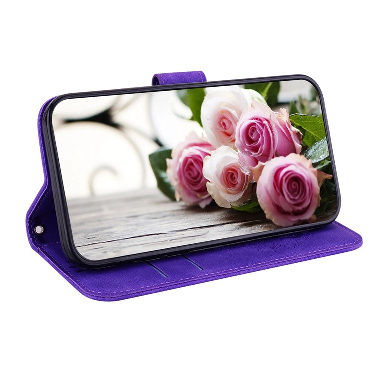 For Honor X8 5G PU Leather Wallet Case Imprinted Rose Butterfly Stand Phone Cover - Purple