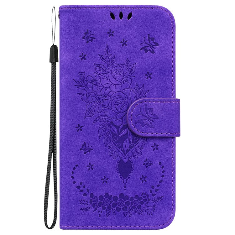For Honor X8 5G PU Leather Wallet Case Imprinted Rose Butterfly Stand Phone Cover - Purple
