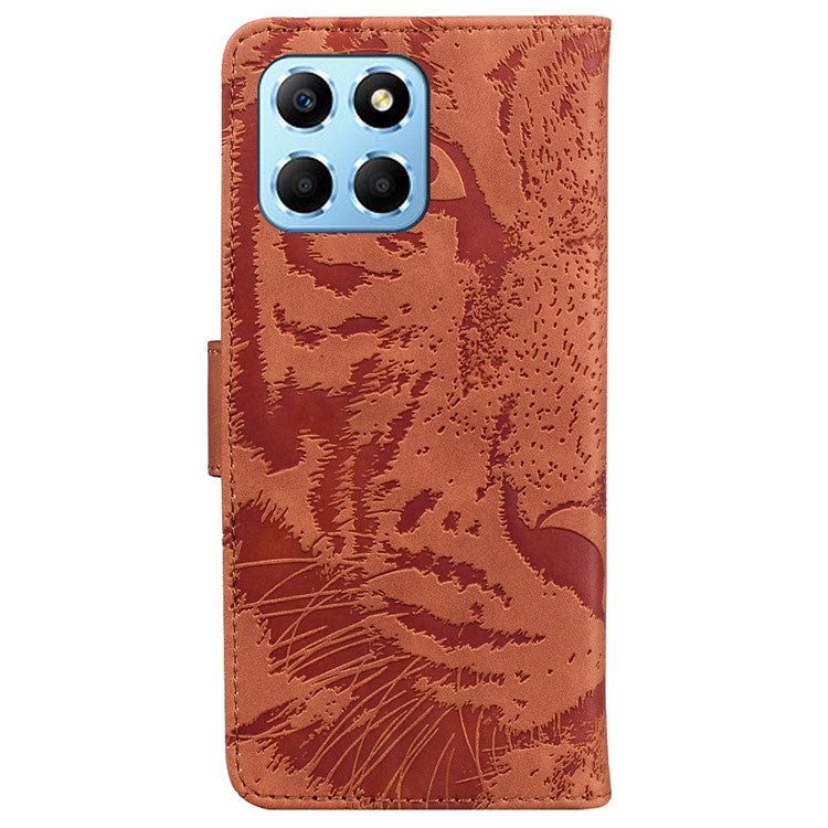 For Honor X8 5G Cell Phone Case Stand Wallet Tiger Pattern Imprinted PU Leather Flip Phone Cover - Brown