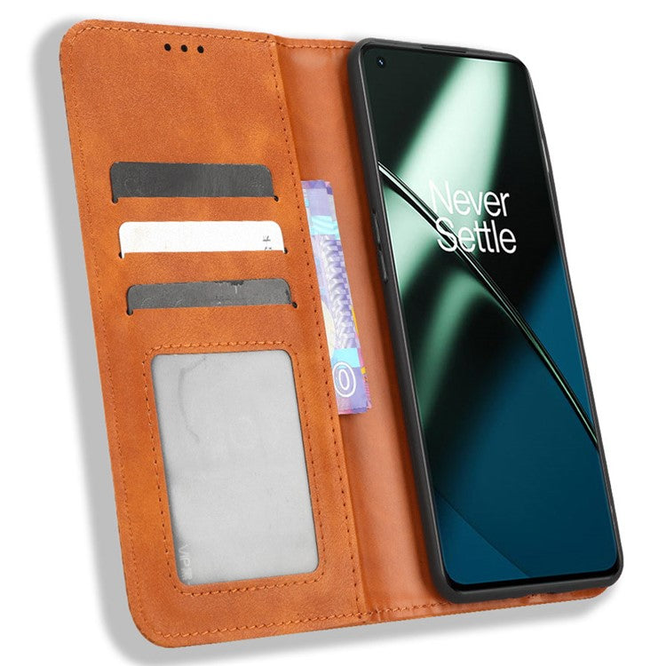 For OnePlus 11R 5G / Ace 2 5G PU Leather Wallet Phone Case Retro Magnetic Closing Stand Cover - Brown