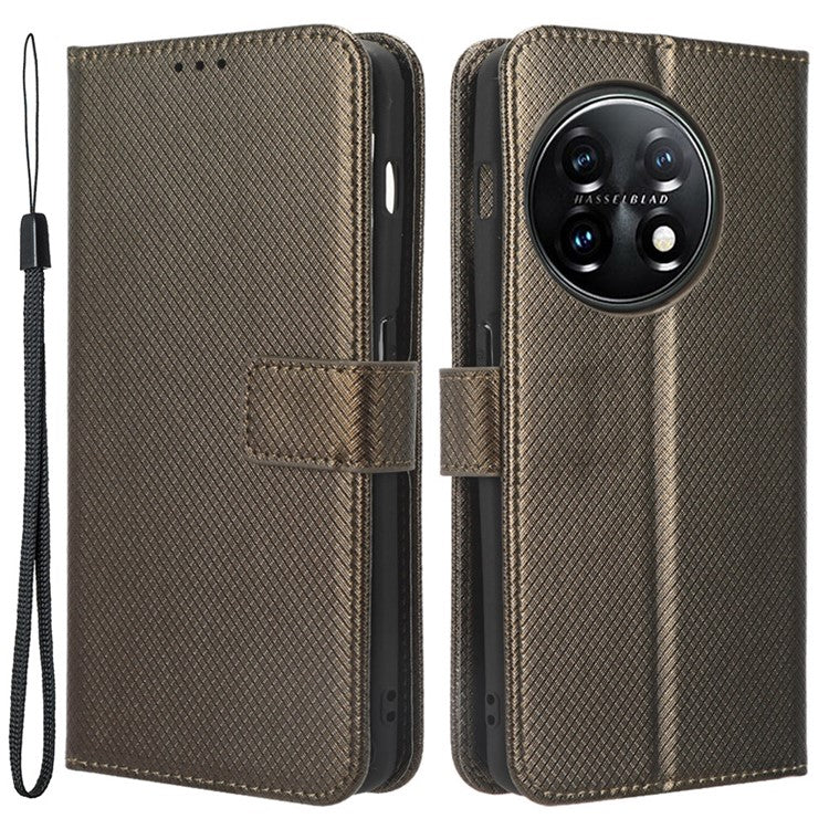 For OnePlus 11R 5G / Ace 2 5G Diamond Texture Stand Cover PU Leather Wallet Shockproof Phone Case - Brown