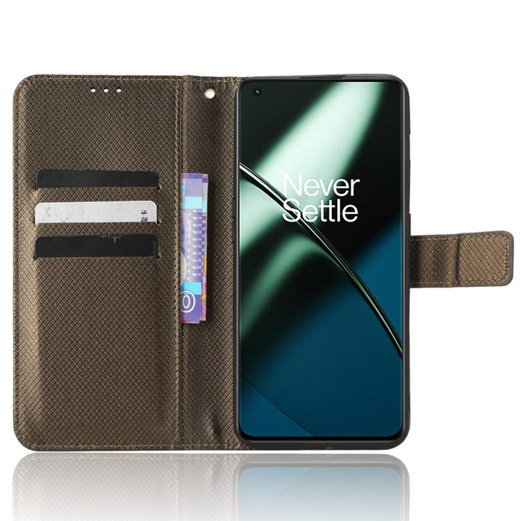For OnePlus 11R 5G / Ace 2 5G Diamond Texture Stand Cover PU Leather Wallet Shockproof Phone Case - Brown