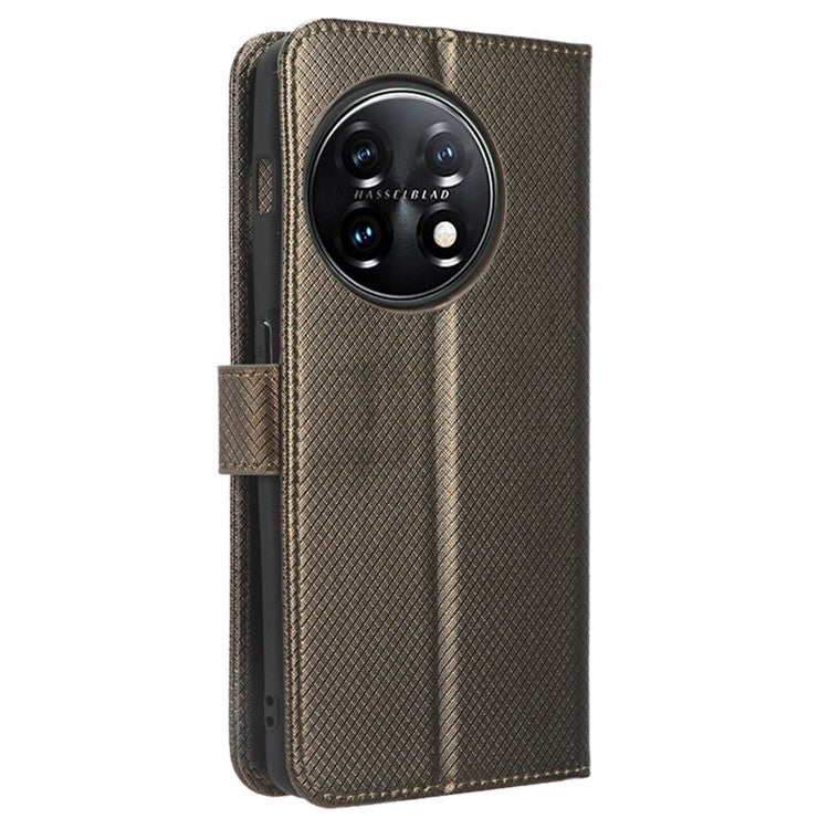 For OnePlus 11R 5G / Ace 2 5G Diamond Texture Stand Cover PU Leather Wallet Shockproof Phone Case - Brown