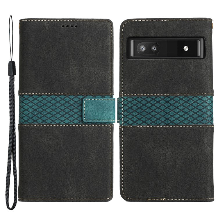Grid Splicing PU Leather Phone Case for Google Pixel 7a , Stand Wallet Phone Case with Strap - Black