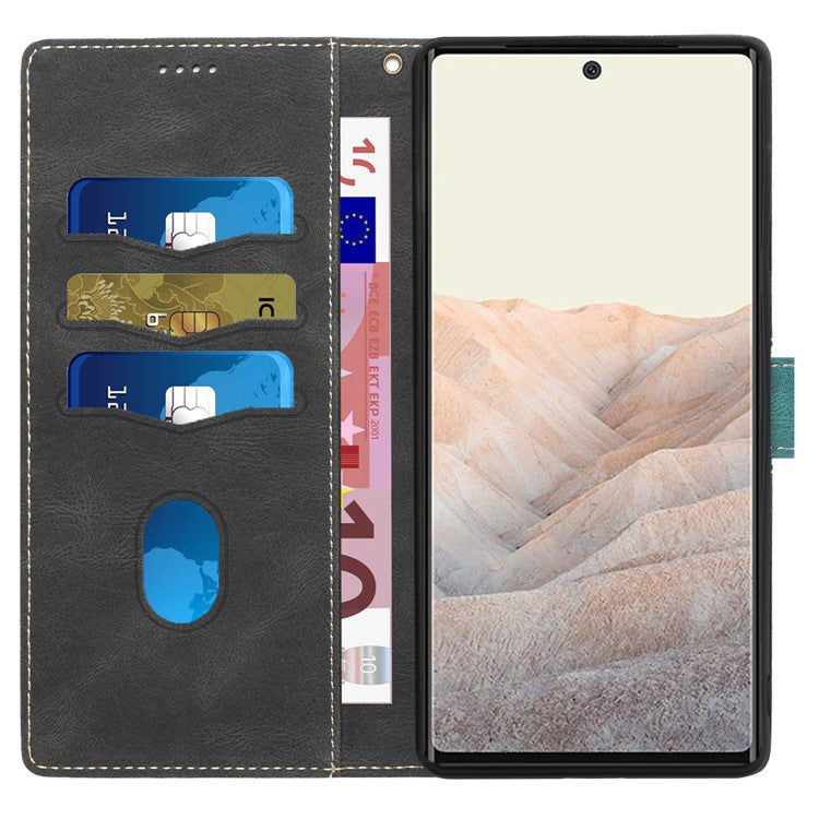 Grid Splicing PU Leather Phone Case for Google Pixel 7a , Stand Wallet Phone Case with Strap - Black