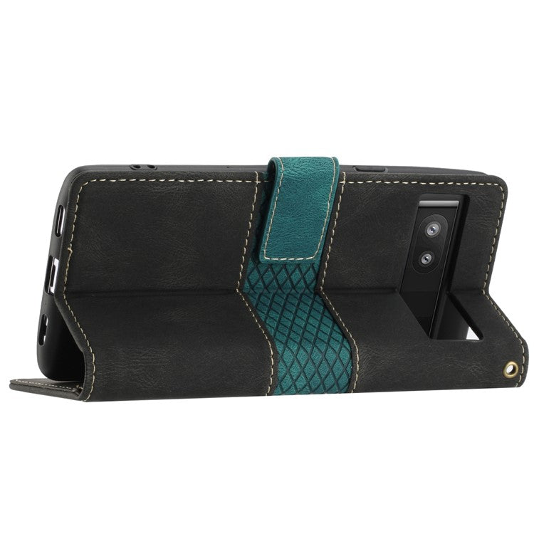 Grid Splicing PU Leather Phone Case for Google Pixel 7a , Stand Wallet Phone Case with Strap - Black