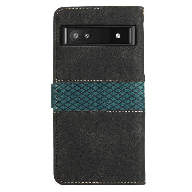 Grid Splicing PU Leather Phone Case for Google Pixel 7a , Stand Wallet Phone Case with Strap - Black