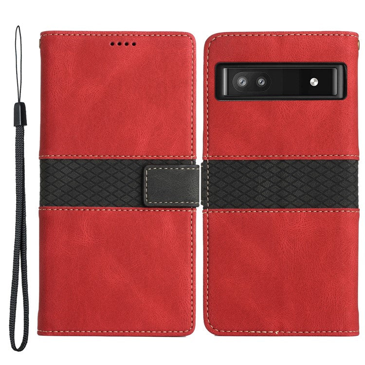 Grid Splicing PU Leather Phone Case for Google Pixel 7a , Stand Wallet Phone Case with Strap - Red