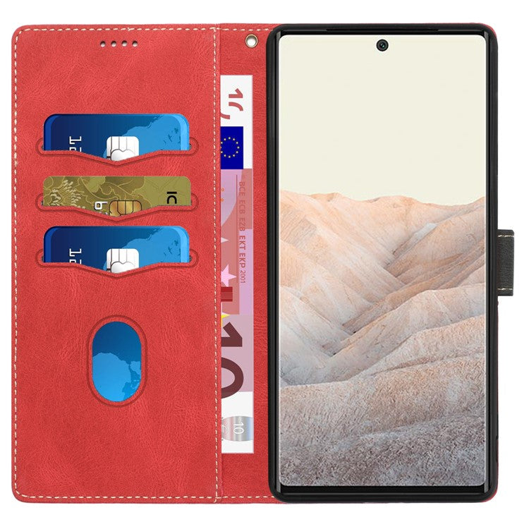 Grid Splicing PU Leather Phone Case for Google Pixel 7a , Stand Wallet Phone Case with Strap - Red