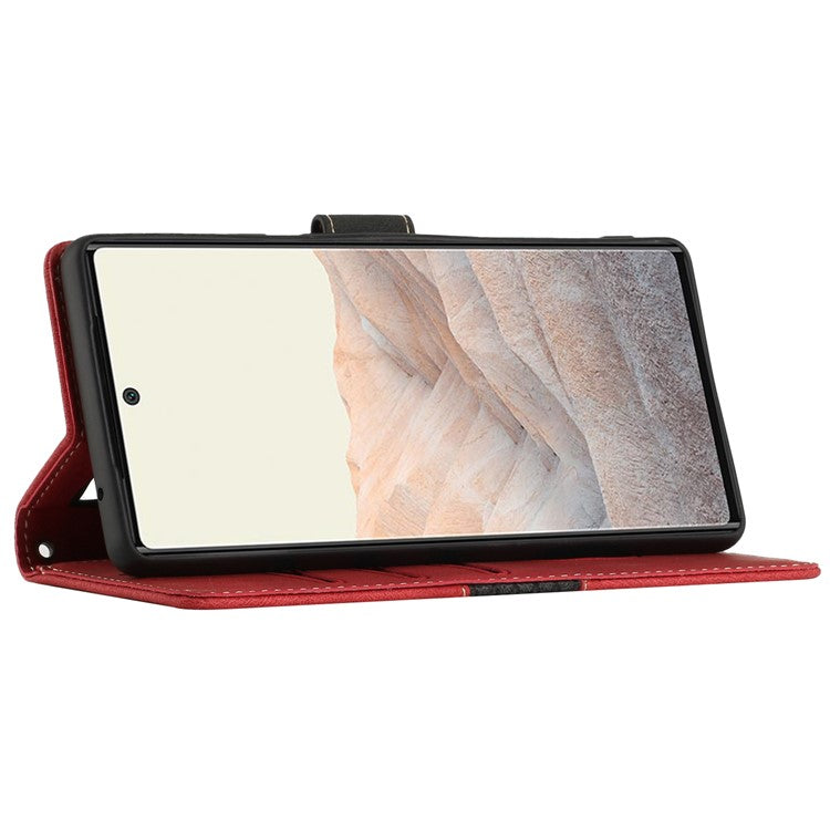 Grid Splicing PU Leather Phone Case for Google Pixel 7a , Stand Wallet Phone Case with Strap - Red