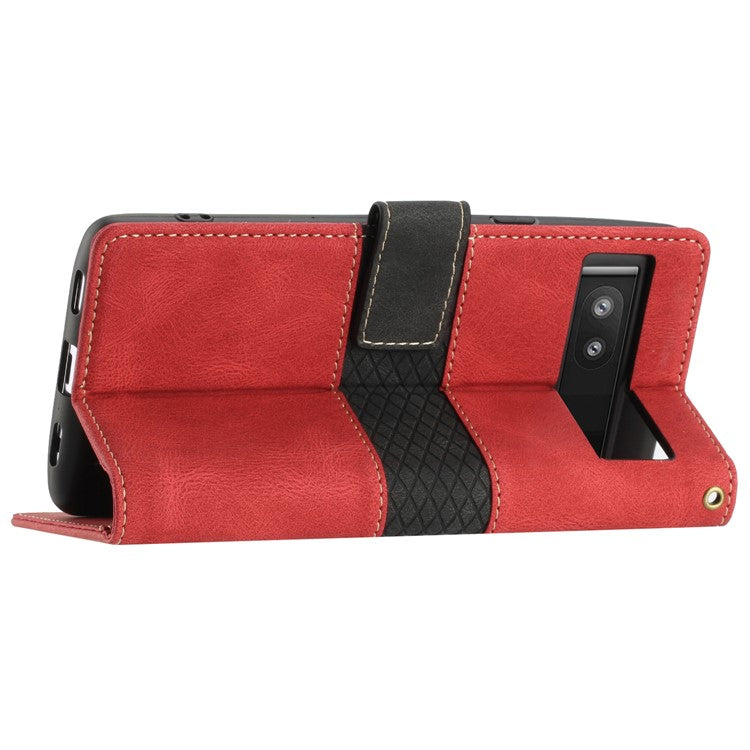 Grid Splicing PU Leather Phone Case for Google Pixel 7a , Stand Wallet Phone Case with Strap - Red