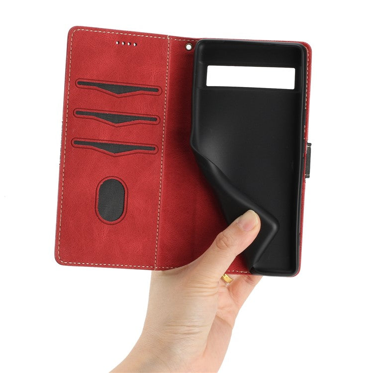Grid Splicing PU Leather Phone Case for Google Pixel 7a , Stand Wallet Phone Case with Strap - Red