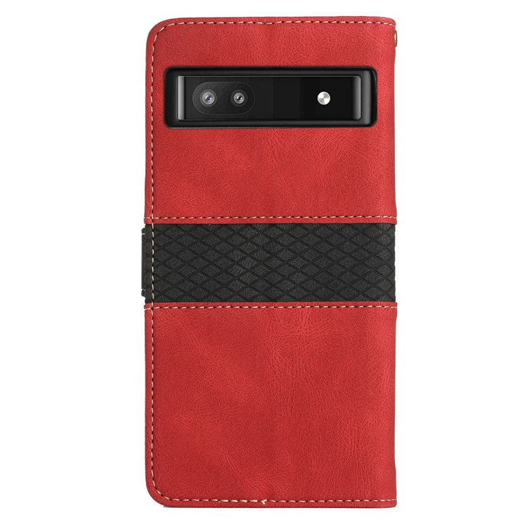 Grid Splicing PU Leather Phone Case for Google Pixel 7a , Stand Wallet Phone Case with Strap - Red