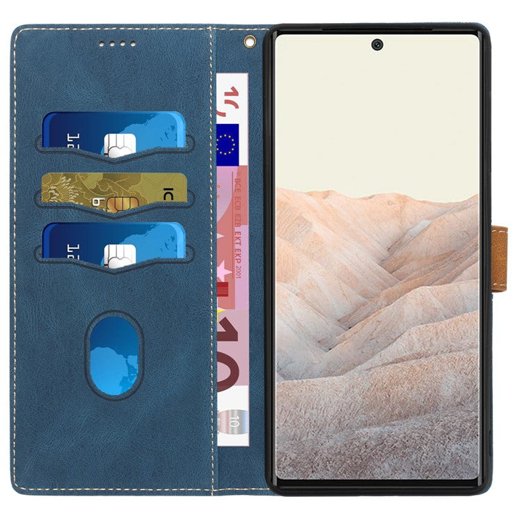 Grid Splicing PU Leather Phone Case for Google Pixel 7a , Stand Wallet Phone Case with Strap - Blue