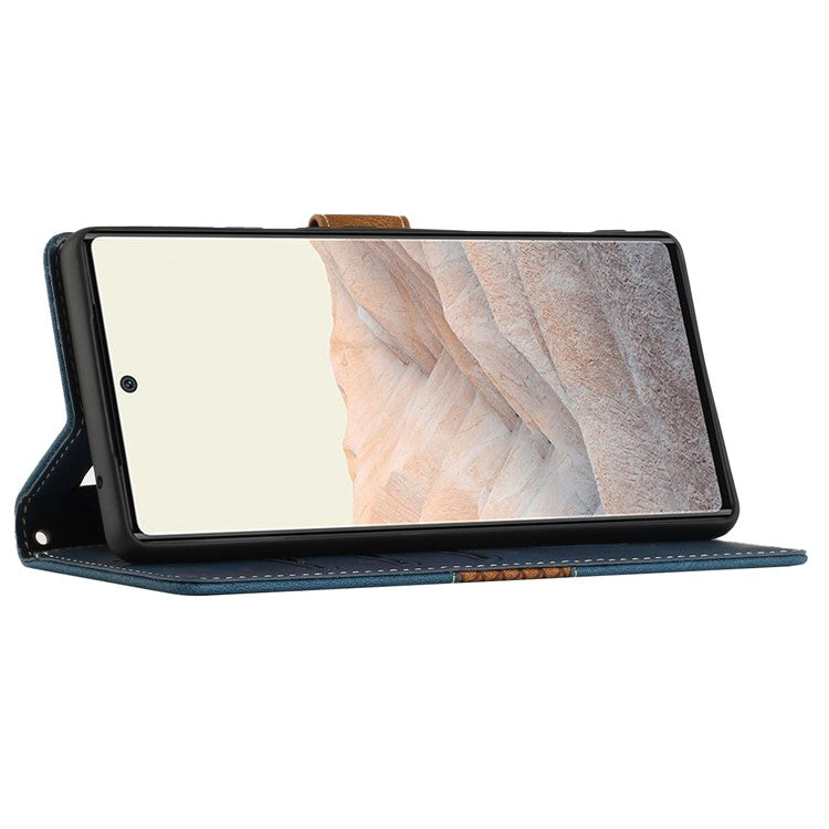 Grid Splicing PU Leather Phone Case for Google Pixel 7a , Stand Wallet Phone Case with Strap - Blue