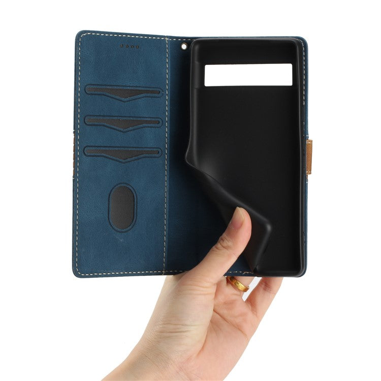 Grid Splicing PU Leather Phone Case for Google Pixel 7a , Stand Wallet Phone Case with Strap - Blue