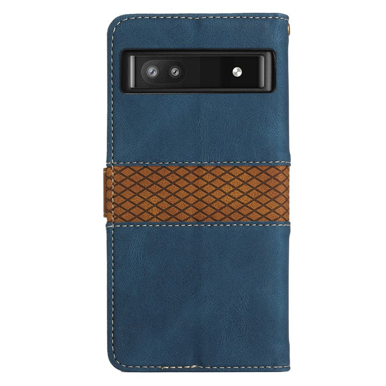 Grid Splicing PU Leather Phone Case for Google Pixel 7a , Stand Wallet Phone Case with Strap - Blue
