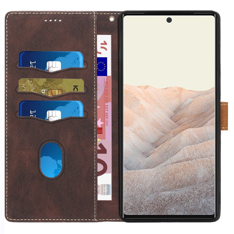 Grid Splicing PU Leather Phone Case for Google Pixel 7a , Stand Wallet Phone Case with Strap - Brown