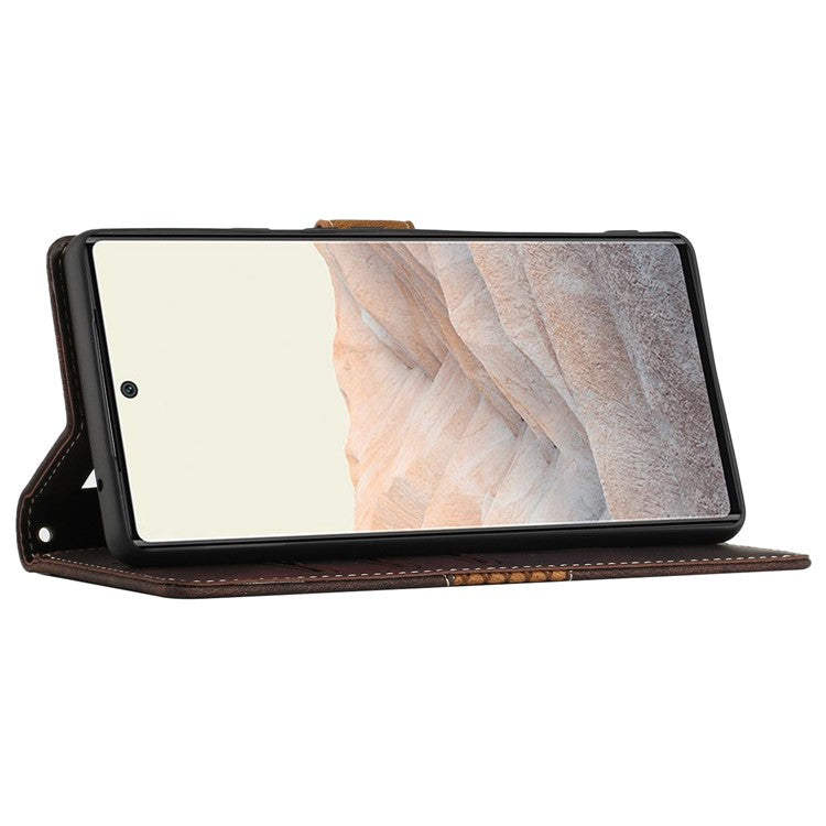 Grid Splicing PU Leather Phone Case for Google Pixel 7a , Stand Wallet Phone Case with Strap - Brown