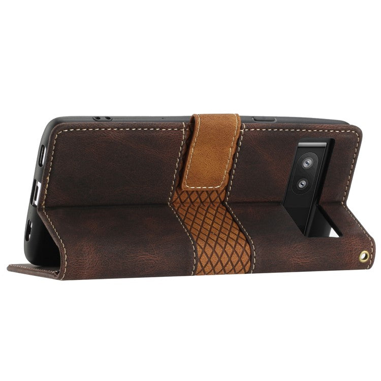 Grid Splicing PU Leather Phone Case for Google Pixel 7a , Stand Wallet Phone Case with Strap - Brown