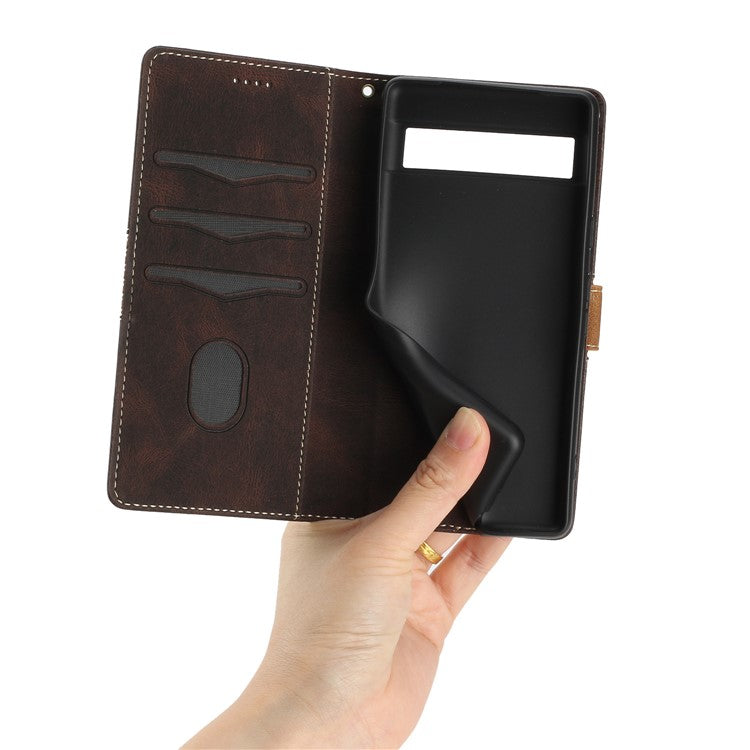 Grid Splicing PU Leather Phone Case for Google Pixel 7a , Stand Wallet Phone Case with Strap - Brown