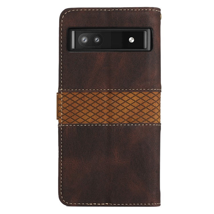 Grid Splicing PU Leather Phone Case for Google Pixel 7a , Stand Wallet Phone Case with Strap - Brown