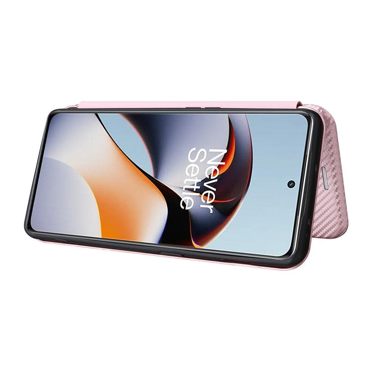 For OnePlus Ace 2 5G / 11R 5G Card Holder Phone Cover Carbon Fiber Texture Leather Phone Stand Case - Rose Gold