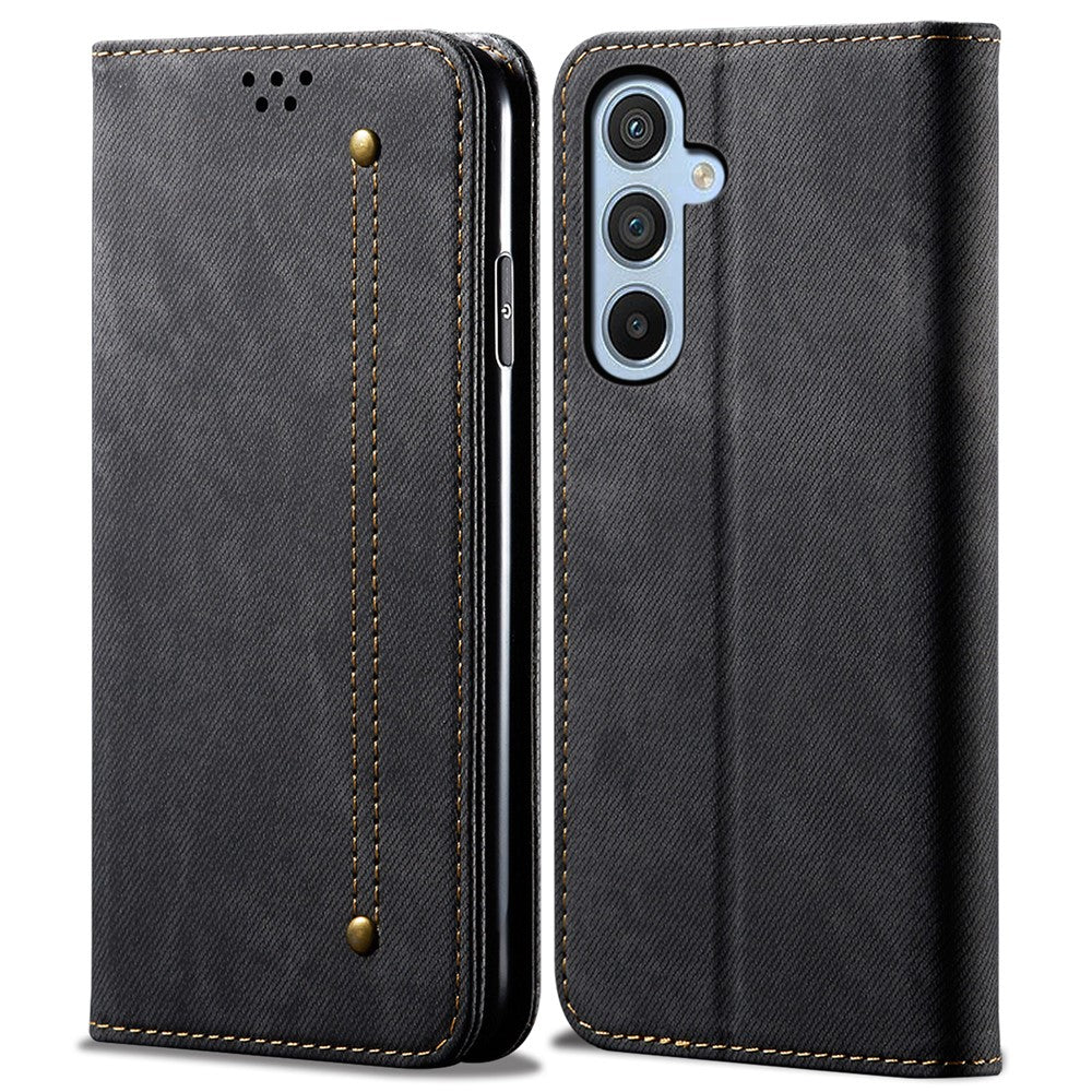 For Samsung Galaxy M14 Phone Case Cover Jeans Cloth Texture Stand Flip Shell PU Leather Wallet - Black