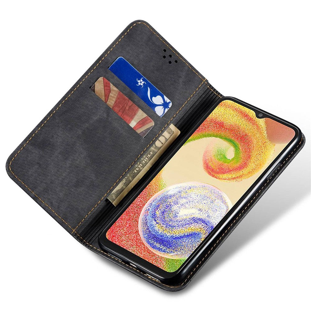 For Samsung Galaxy M14 Phone Case Cover Jeans Cloth Texture Stand Flip Shell PU Leather Wallet - Black