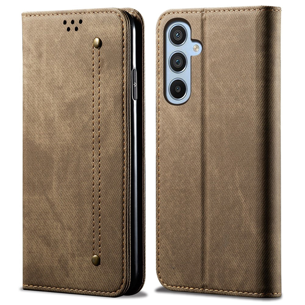 For Samsung Galaxy M14 Phone Case Cover Jeans Cloth Texture Stand Flip Shell PU Leather Wallet - Khaki