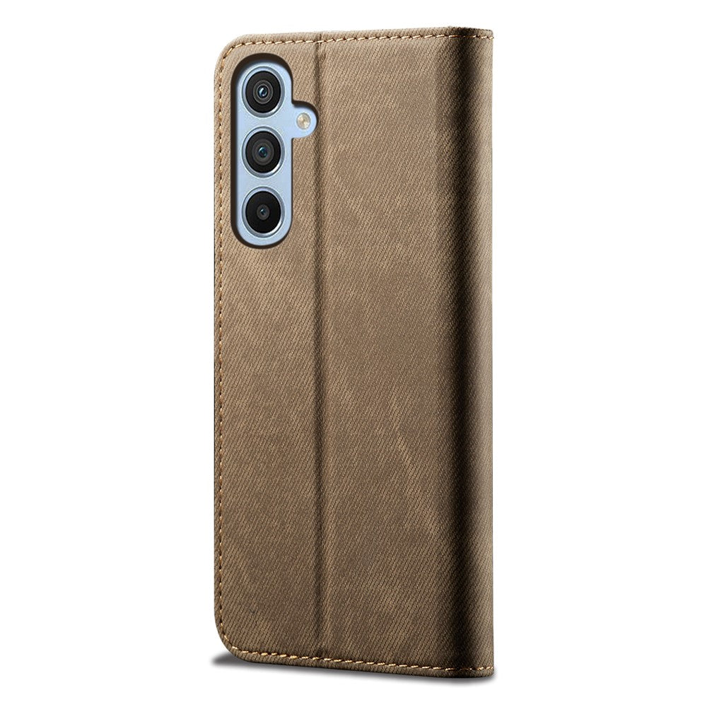 For Samsung Galaxy M14 Phone Case Cover Jeans Cloth Texture Stand Flip Shell PU Leather Wallet - Khaki