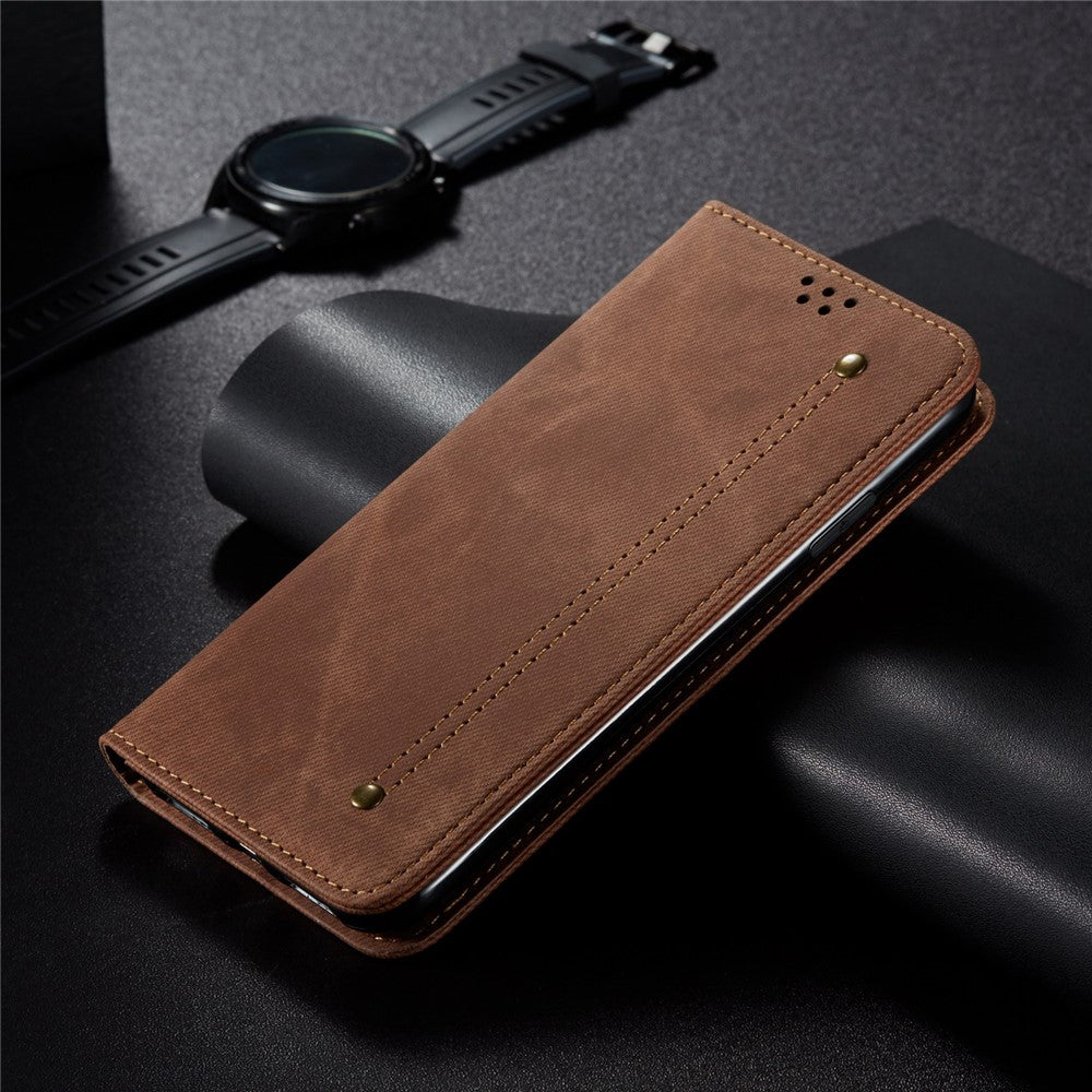 For Samsung Galaxy M14 Phone Case Cover Jeans Cloth Texture Stand Flip Shell PU Leather Wallet - Coffee