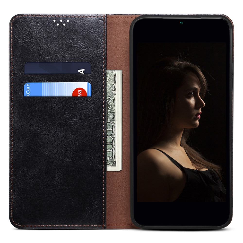 For Samsung Galaxy M14 5G Wallet Waxy Crazy Horse Texture Leather Phone Case Stand Cell Phone Cover - Black