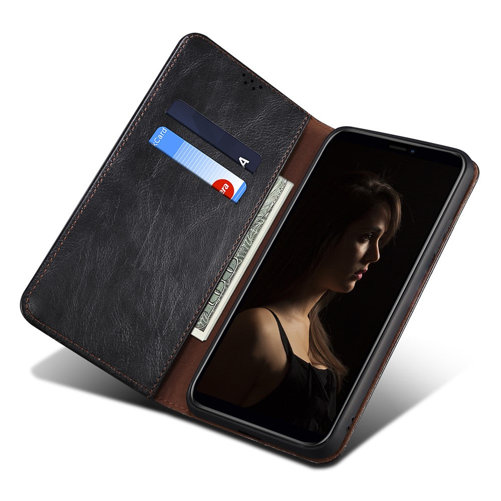 For Samsung Galaxy M14 5G Wallet Waxy Crazy Horse Texture Leather Phone Case Stand Cell Phone Cover - Black
