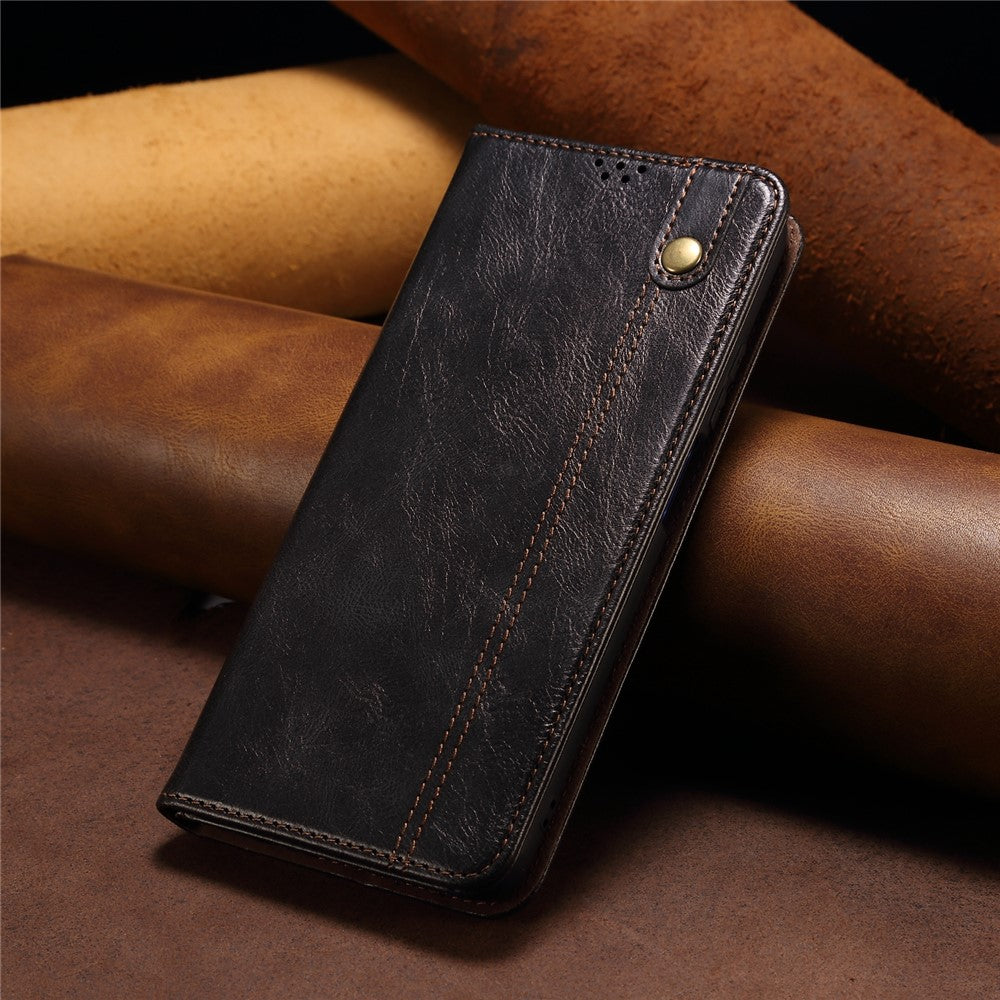 For Samsung Galaxy M14 5G Wallet Waxy Crazy Horse Texture Leather Phone Case Stand Cell Phone Cover - Black