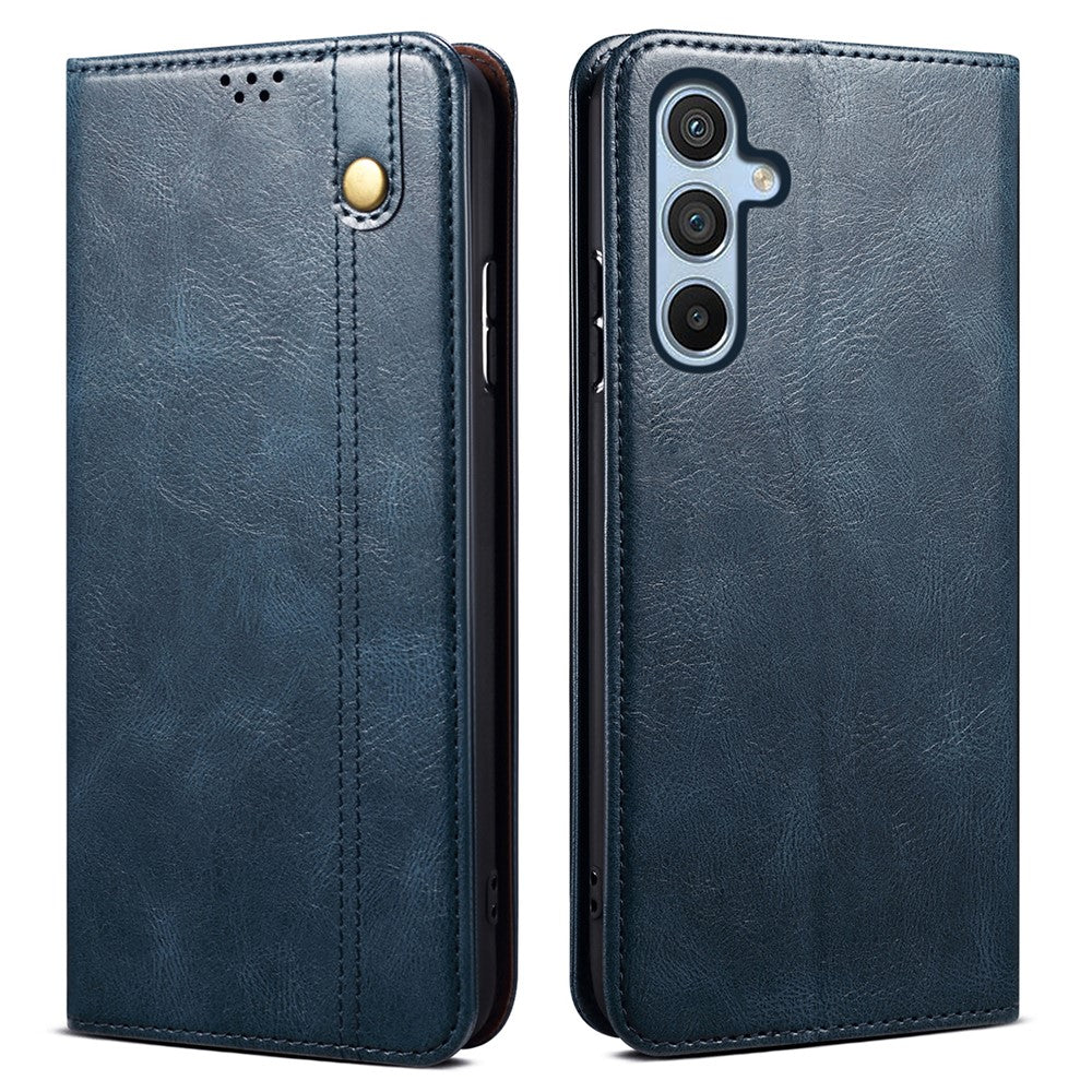 For Samsung Galaxy M14 5G Wallet Waxy Crazy Horse Texture Leather Phone Case Stand Cell Phone Cover - Blue