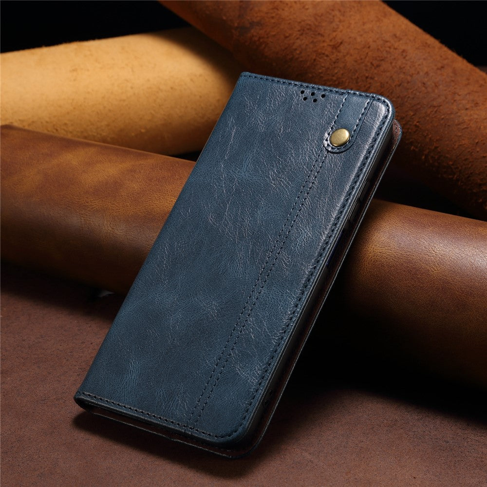 For Samsung Galaxy M14 5G Wallet Waxy Crazy Horse Texture Leather Phone Case Stand Cell Phone Cover - Blue