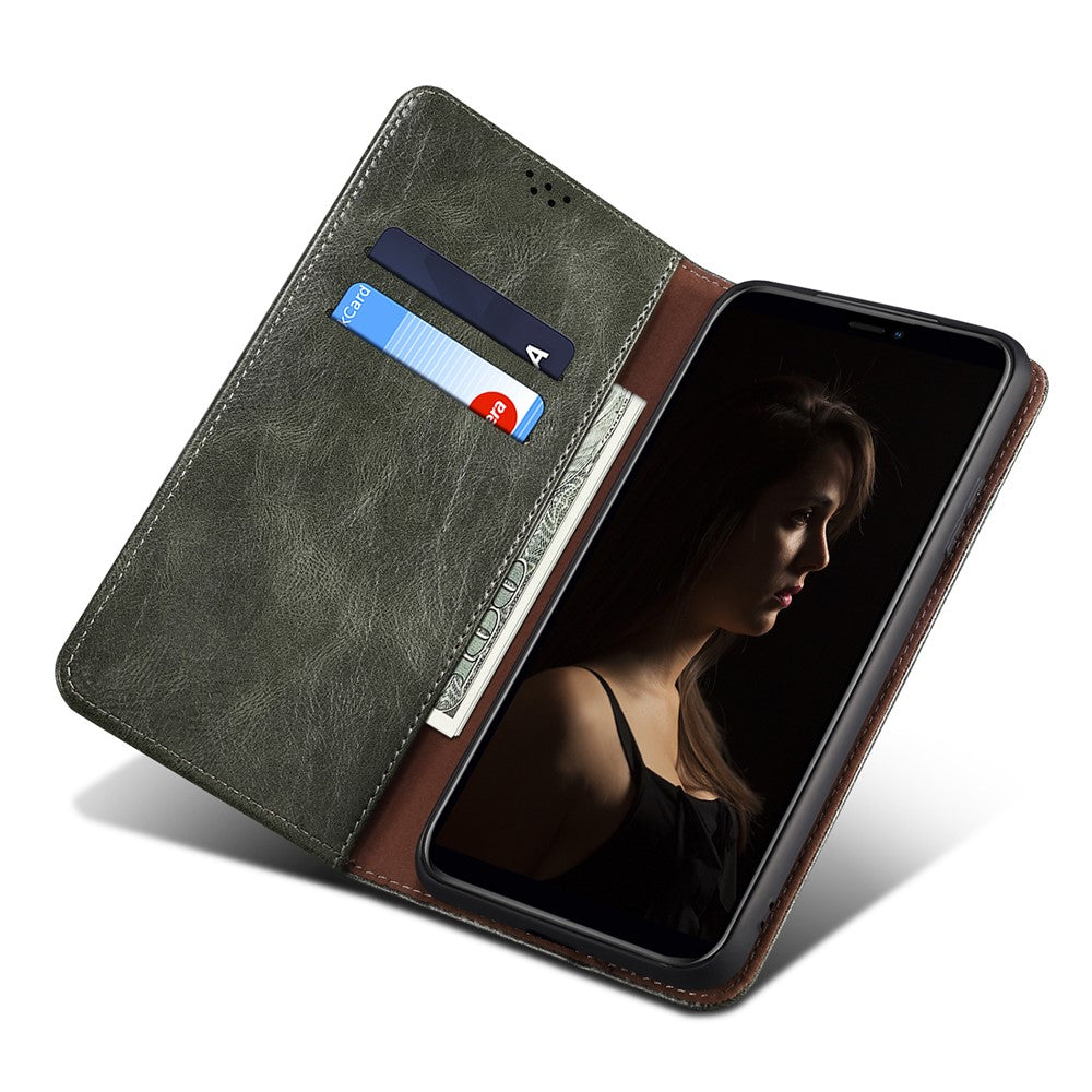 For Samsung Galaxy M14 5G Wallet Waxy Crazy Horse Texture Leather Phone Case Stand Cell Phone Cover - Green