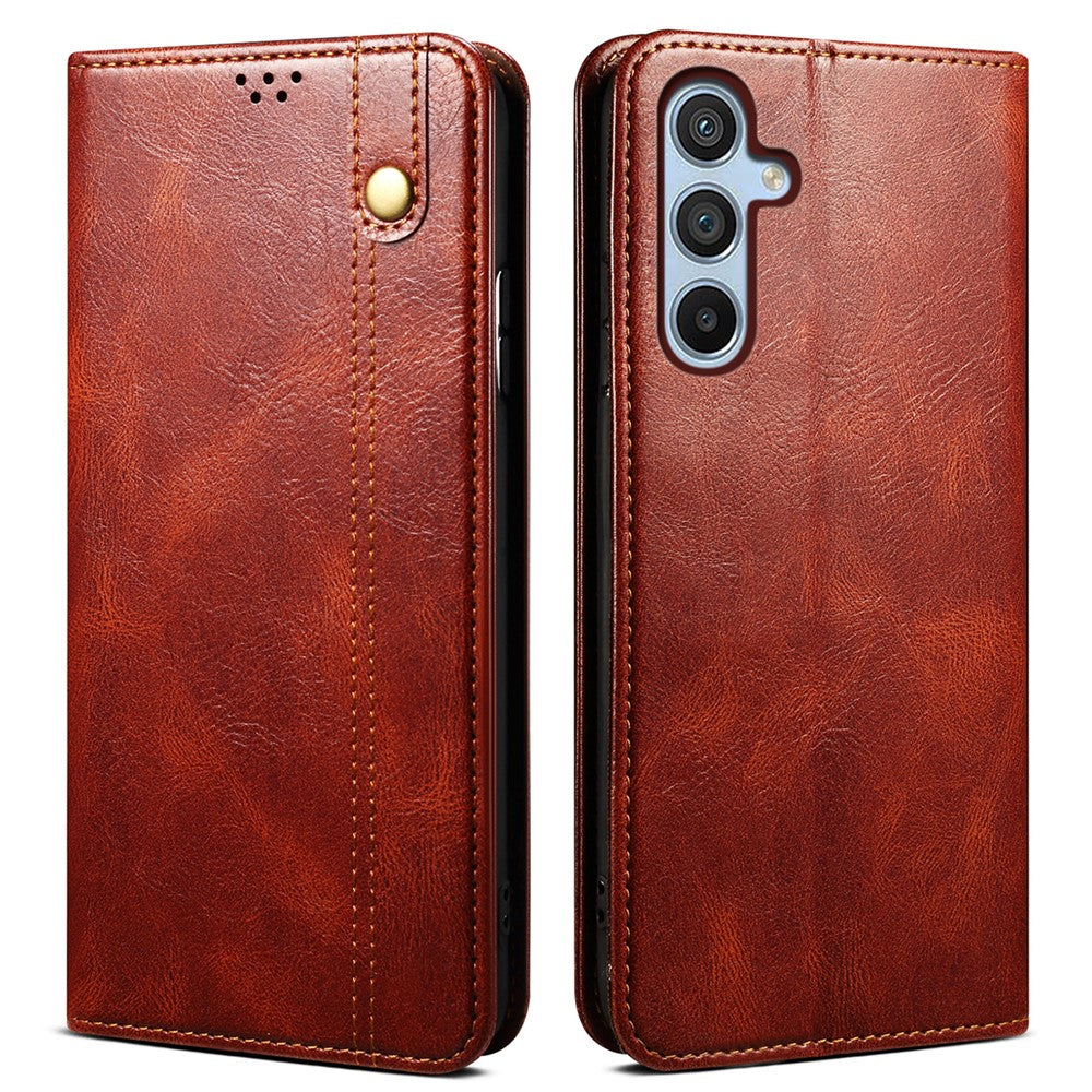 For Samsung Galaxy M14 5G Wallet Waxy Crazy Horse Texture Leather Phone Case Stand Cell Phone Cover - Brown